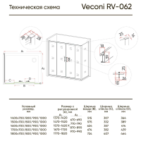 Душевой угол раздвижной прямоугольный RV062-15090PR-01-19C3 1500x900x1900 профиль Хром стекло Прозрачное Veconi